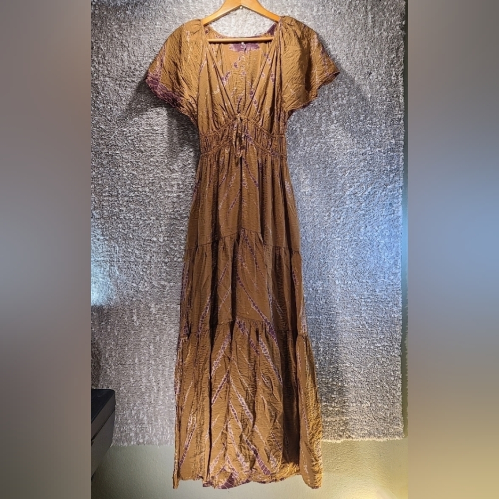 YFB Dress Womens XS Tiered Maxi Deep Tie V-Neck Boho Hippie Beach Western Rayon